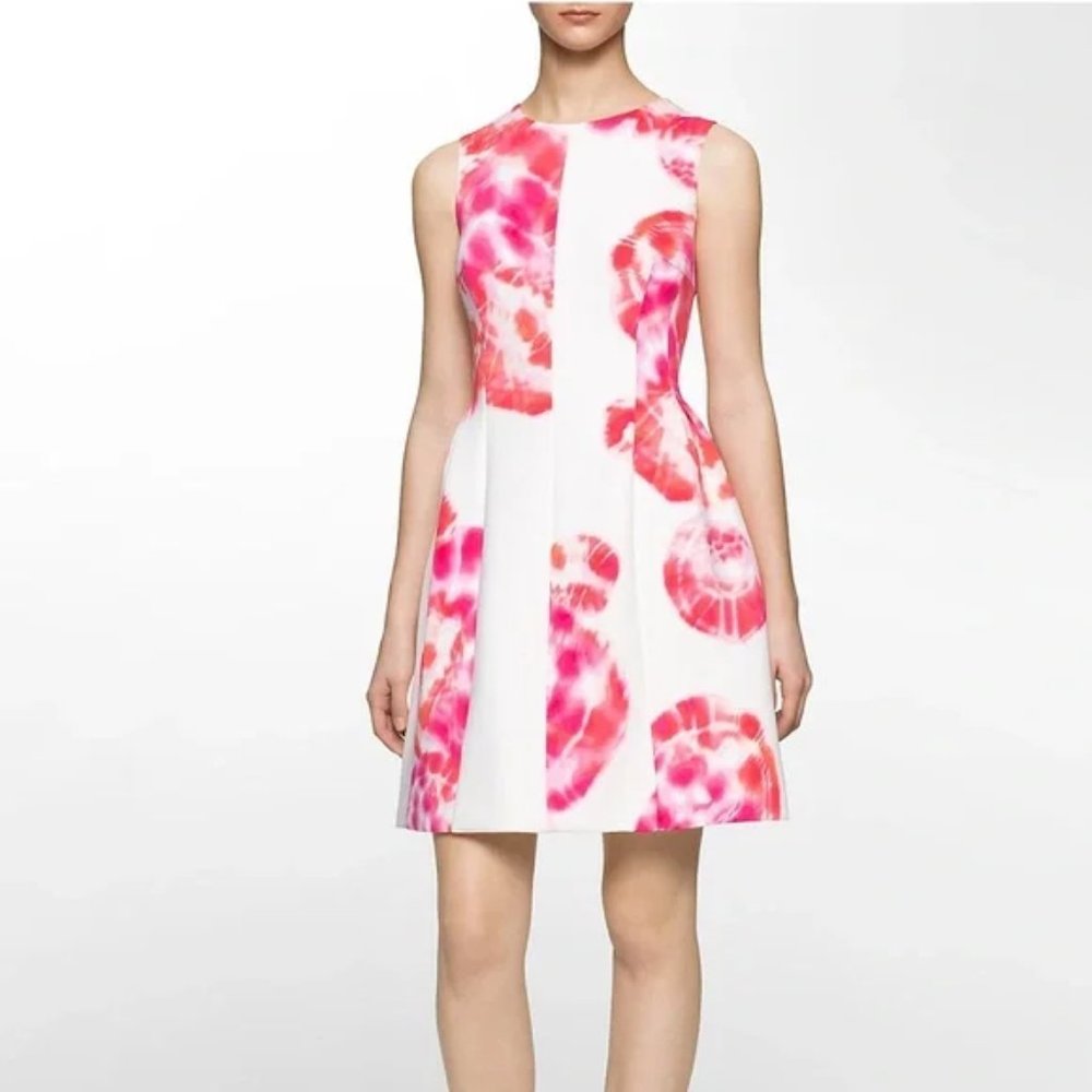 Calvin Klein Orange and Pink Floral Scuba Sleeveless Fit + Flare Dress Sz 6